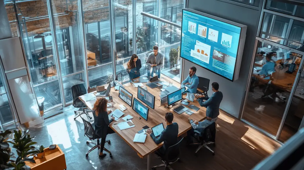 A photorealistic image of a modern commercial office space bustling with activity. The scene includes a diverse group of professionals engaged in various business activities, such as discussing plans over a conference table, working on laptops, and analyzing data on digital screens. The office features sleek, contemporary design elements like glass walls, ergonomic furniture, and advanced technology equipment. Large windows allow natural light to flood the space, highlighting the vibrant and dynamic atmosphere. The setting conveys a sense of growth, innovation, and collaboration, reflecting the strategic use of SBA loans for business expansion.