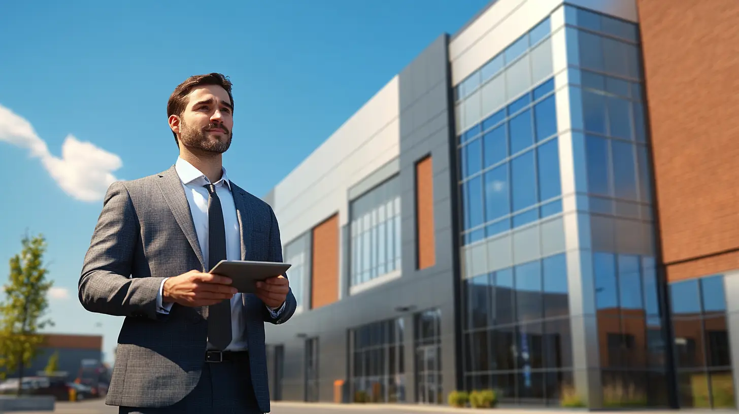 A photorealistic image of a small business owner standing confidently in front of a modern commercial building. The building features large glass windows and a sleek design, indicative of a successful business environment. The owner, dressed in professional attire, holds a tablet, symbolizing strategic planning and decision-making. In the background, a clear blue sky and a bustling urban setting suggest growth and opportunity. The scene conveys a sense of achievement and the potential for future success in the commercial real estate market.