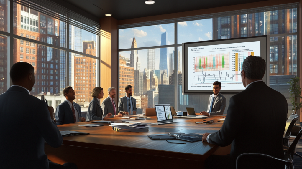 A photorealistic image of a professional business setting, featuring a diverse group of business owners and financial advisors engaged in a meeting. They are gathered around a large conference table, reviewing financial documents, charts, and a laptop displaying financial data. The room is modern and well-lit, with large windows offering a view of a bustling cityscape with commercial buildings. The atmosphere is focused and collaborative, emphasizing strategic planning and informed decision-making in business financing. The image should convey a sense of professionalism, growth, and stability, suitable for a blog article on business financing strategies.