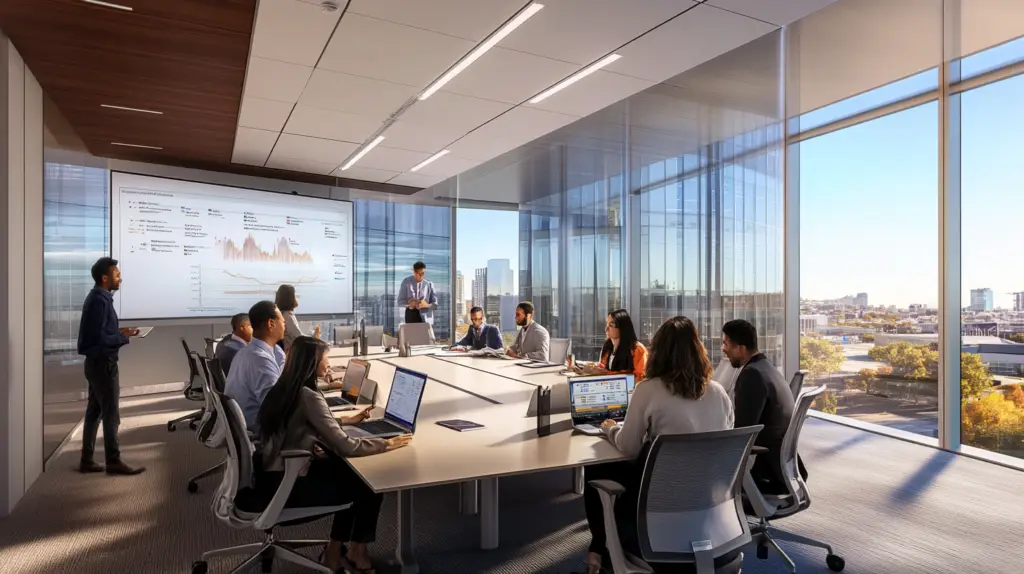 A photorealistic image of a modern commercial office space bustling with activity. The scene includes a diverse group of business professionals engaged in discussions around a large conference table, reviewing financial documents and digital presentations on laptops and tablets. The office is sleek and contemporary, with large windows offering a view of a cityscape, symbolizing growth and expansion. In the background, a whiteboard displays charts and graphs, emphasizing strategic planning. The atmosphere is vibrant and professional, capturing the essence of business growth and financing.