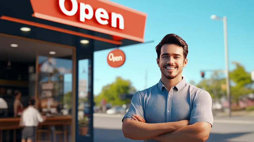 A photorealistic image of a small business owner standing confidently in front of their thriving commercial property, such as a bustling restaurant or a vibrant retail store. The scene captures the essence of success and growth, with the business owner smiling proudly, surrounded by elements that signify prosperity, like a "Open" sign, customers entering the store, or a well-maintained storefront. The background features a clear blue sky and a busy street, emphasizing the business's prime location and community engagement. The image should convey a sense of achievement and opportunity, reflecting the positive impact of SBA loans on small businesses.