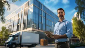 A photorealistic image of a confident business owner standing in front of a modern commercial building. The owner is holding a clipboard, symbolizing strategic planning and decision-making. In the background, the building's sleek glass facade reflects a bustling cityscape, emphasizing the business environment. Nearby, a parked delivery truck and a forklift moving inventory highlight the commercial nature of the setting. The scene conveys a sense of professionalism and readiness, capturing the essence of business growth and financial strategy. The lighting is natural, with a clear blue sky, creating a realistic and inviting atmosphere.