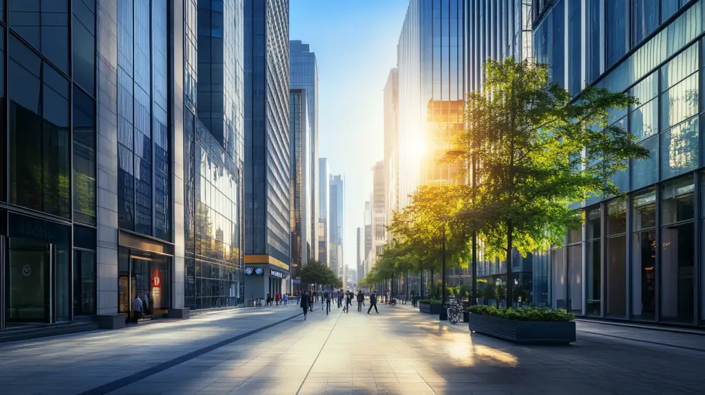 A photorealistic image of a bustling urban commercial district during the day, showcasing a variety of commercial properties such as modern office buildings, retail storefronts, and industrial warehouses. The scene should capture the vibrancy and potential of commercial real estate investment, with diverse architectural styles and well-maintained exteriors. Include elements like people in business attire walking on the sidewalks, a few parked cars, and subtle greenery to add life to the scene. The sky should be clear, emphasizing a bright and prosperous atmosphere. The image should have a landscape aspect ratio, suitable for a blog's featured image.