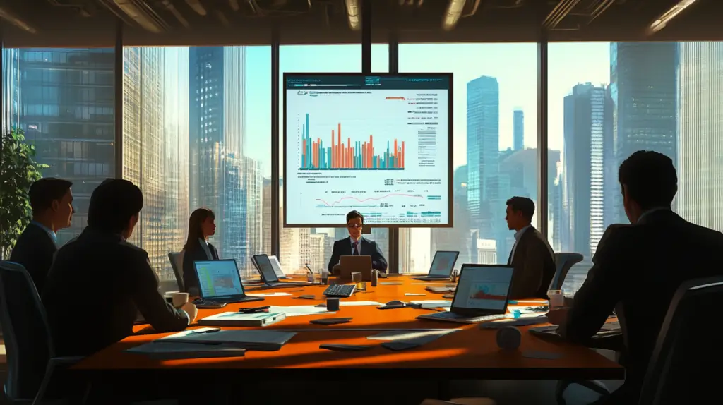 Create a photorealistic image of a modern office environment with a focus on financial management. The scene should include a diverse group of business professionals engaged in a meeting around a large conference table. On the table, there are laptops, financial reports, and charts displaying cash flow data. In the background, large windows offer a view of a bustling cityscape, emphasizing the commercial setting. The lighting is natural, coming from the windows, creating a professional and inviting atmosphere. The image should convey a sense of collaboration and strategic planning, suitable for a blog article on cash flow management for small businesses.