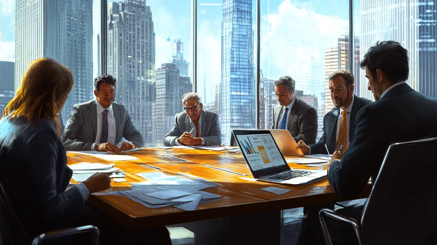 A photorealistic image of a modern commercial office space, showcasing a diverse group of entrepreneurs engaged in a collaborative meeting. The setting includes a large conference table surrounded by sleek office chairs, with laptops, financial documents, and coffee cups scattered across the table. Large windows in the background offer a view of a bustling cityscape, emphasizing the urban business environment. The room is well-lit with natural light, highlighting the professional and dynamic atmosphere. The entrepreneurs, dressed in business attire, are actively discussing and pointing at charts and graphs, symbolizing strategic planning and decision-making in business financing.