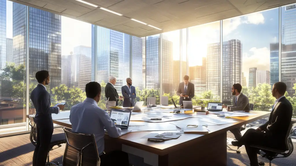 A photorealistic image of a modern commercial real estate setting, featuring a diverse group of business professionals engaged in a discussion. The scene is set in a sleek, contemporary office space with large windows offering a view of a bustling cityscape filled with skyscrapers and commercial buildings. The professionals are examining architectural blueprints and financial documents spread across a conference table, with laptops and tablets in use. The atmosphere conveys a sense of collaboration and strategic planning, highlighting the dynamic nature of commercial real estate financing. The lighting is natural, streaming in from the windows, creating a bright and inviting environment.