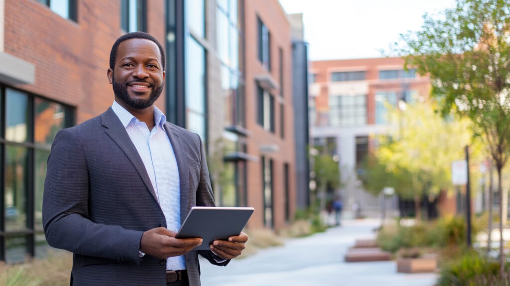 A photorealistic image of a confident small business owner standing in front of a modern commercial building. The owner is holding a tablet, symbolizing access to diverse financing options and digital resources. The background features a bustling urban environment with other commercial buildings, representing a thriving business ecosystem. The scene is set during the day with clear skies, conveying a sense of clarity and optimism. The focus is on the business owner, who exudes empowerment and readiness to navigate the financial landscape.