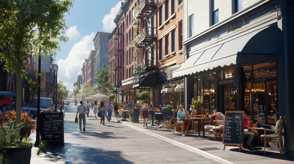 A photorealistic image of a bustling urban street lined with various commercial properties, showcasing a mix of standalone restaurants, mixed-use developments, and shopping centers. The scene captures the essence of a vibrant business district, with people walking along the sidewalks and entering different establishments. The architecture should reflect a modern yet realistic style, highlighting the diversity of commercial real estate options available to restaurant owners. The image should convey a sense of opportunity and strategic location, with clear skies and natural lighting to enhance the inviting atmosphere.