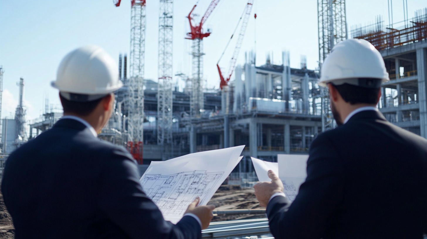 A photorealistic image of a modern manufacturing facility undergoing expansion. The scene captures a large, bustling industrial site with cranes and construction equipment actively working on new building sections. In the foreground, a group of business professionals, dressed in formal attire, are examining blueprints and discussing plans, symbolizing strategic planning and collaboration. The background features existing factory buildings with visible machinery and production lines, emphasizing the industrial nature of the site. The sky is clear, suggesting a productive and promising day for business growth.