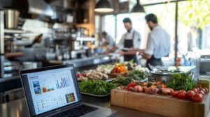 A bustling restaurant kitchen scene with chefs and staff actively preparing dishes, showcasing a variety of fresh ingredients and modern kitchen equipment. In the foreground, a restaurant owner is reviewing financial documents and a laptop displaying financial graphs, symbolizing decision-making in restaurant financing. The setting should be a well-lit, contemporary commercial kitchen, emphasizing the professional and business-oriented atmosphere. The image should capture the dynamic yet realistic environment of a successful eatery, highlighting the importance of financial planning in the restaurant industry.