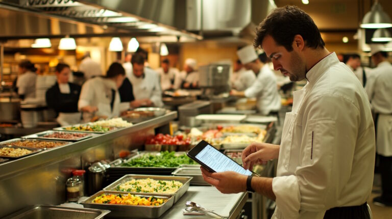 A bustling restaurant kitchen scene with chefs actively preparing dishes, showcasing a sense of urgency and efficiency. The kitchen is modern and well-equipped, with stainless steel appliances and a variety of fresh ingredients on the counters. In the foreground, a business owner is reviewing financial documents on a tablet, symbolizing the importance of quick decision-making and financial management. The background features a glimpse of the dining area, filled with customers enjoying their meals, highlighting the restaurant's success and vibrant atmosphere. The overall composition conveys a sense of professionalism, energy, and the dynamic nature of the restaurant business.