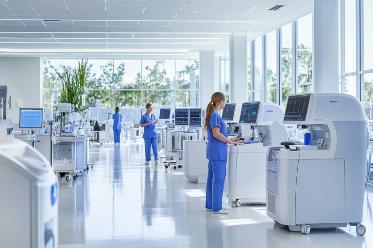 A photorealistic image of a modern healthcare facility's interior, showcasing advanced medical equipment in a well-lit, professional setting. The scene includes a variety of state-of-the-art diagnostic machines and treatment devices, arranged neatly in a spacious, clean environment. Healthcare professionals, dressed in scrubs and lab coats, are engaged in discussions, examining equipment, or interacting with digital interfaces, emphasizing a collaborative and efficient atmosphere. The background features large windows allowing natural light to flood the space, highlighting the sleek design and functionality of the equipment. The overall composition conveys a sense of innovation and professionalism, suitable for a commercial healthcare setting.