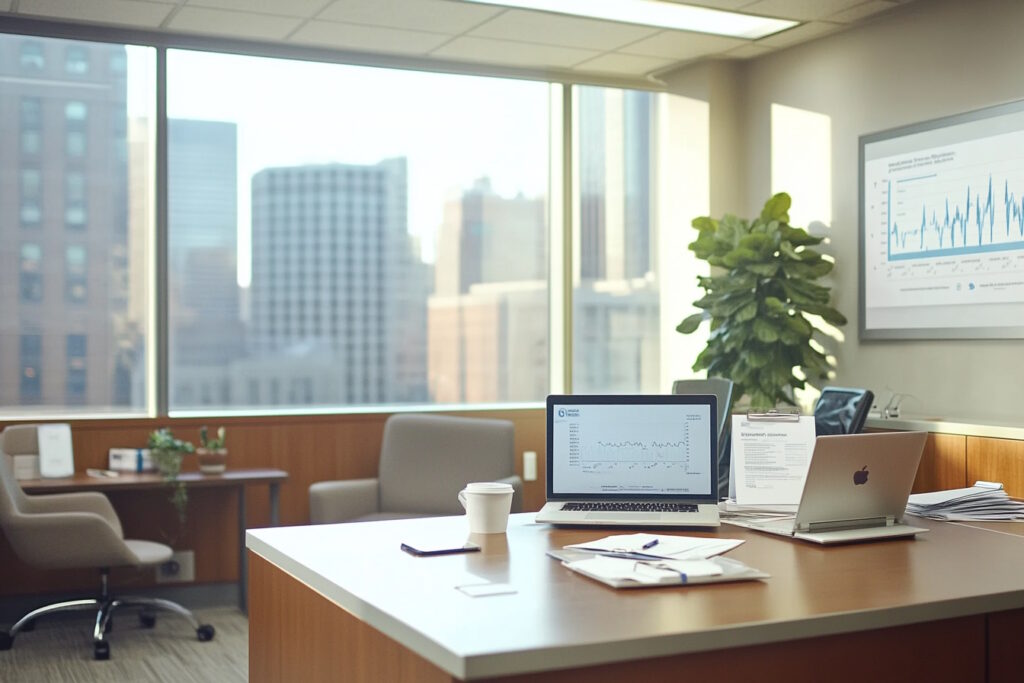 Create a photorealistic image of a modern healthcare facility's financial office. The scene should depict a professional setting with a focus on commercial elements, such as a sleek conference table with financial documents, a laptop displaying financial graphs, and a large window offering a view of a bustling cityscape. Include subtle details like a potted plant and a cup of coffee on the table to add a touch of realism. The lighting should be natural, suggesting a productive work environment during the day. The overall atmosphere should convey a sense of financial strategy and planning, suitable for a blog article about healthcare financing solutions.