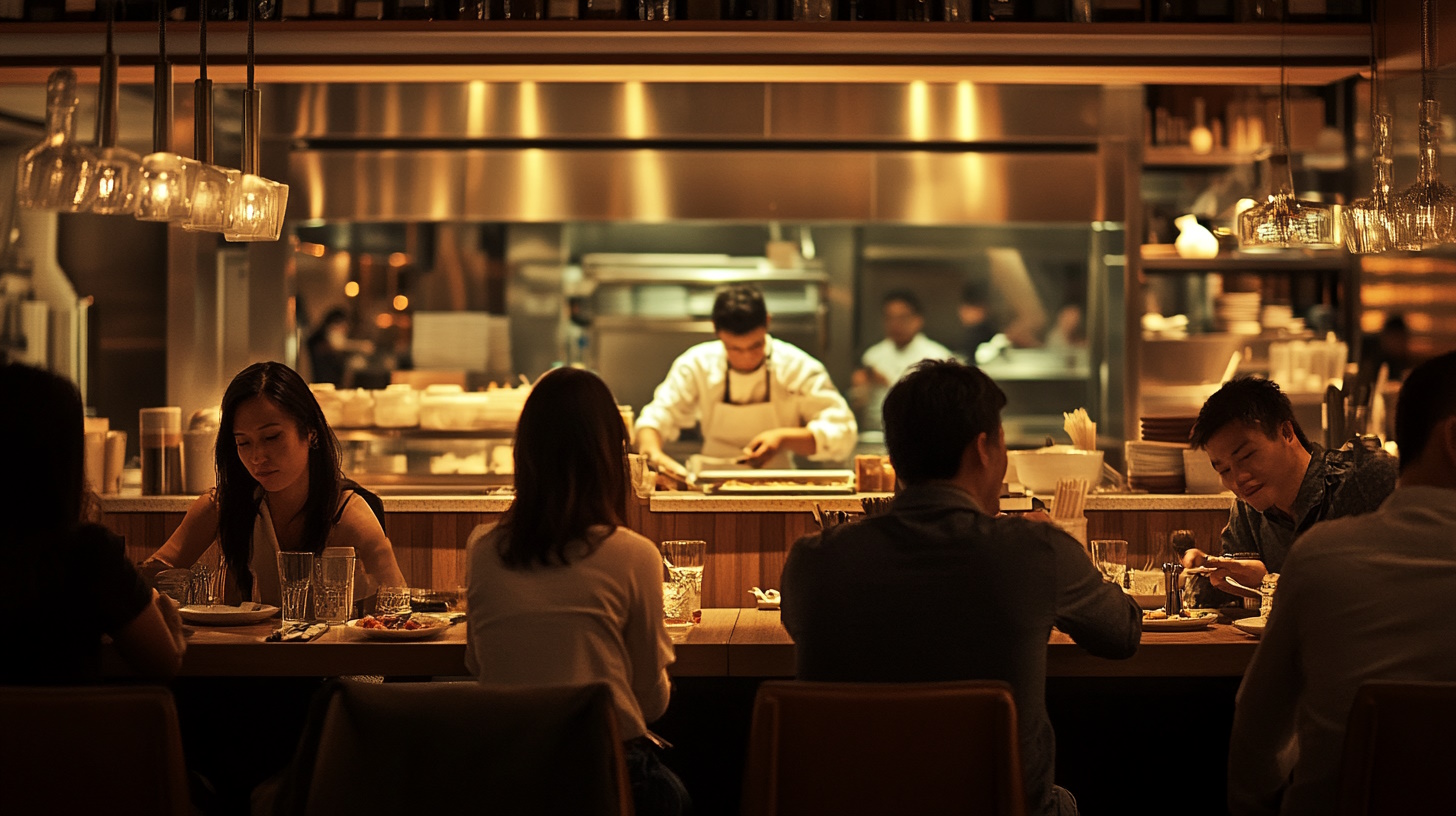 A photorealistic image of a modern, bustling restaurant interior during business hours. The scene captures a diverse group of patrons enjoying their meals, with attentive staff serving tables. In the background, a well-organized kitchen is visible through a large window, showcasing chefs at work. The restaurant features contemporary decor with sleek furniture, ambient lighting, and a visible cash register area. The atmosphere conveys a sense of vibrancy and efficiency, reflecting the dynamic nature of restaurant operations. The image should be in a landscape aspect ratio, focusing on the commercial elements of the restaurant setting.