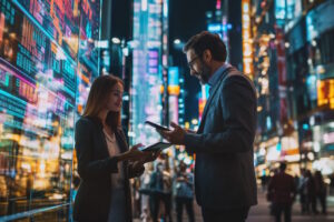 A bustling cityscape with modern commercial buildings, showcasing a diverse range of businesses. In the foreground, a small business owner, dressed in professional attire, is engaged in a discussion with a financial advisor, both looking at a digital tablet displaying financial data. The scene captures the essence of AI-driven financing, with subtle hints of technology such as digital screens and data visualizations in the background. The environment is vibrant and realistic, reflecting the dynamic nature of business financing without appearing futuristic. The image should convey a sense of innovation and opportunity, emphasizing the commercial aspect with no residential elements.