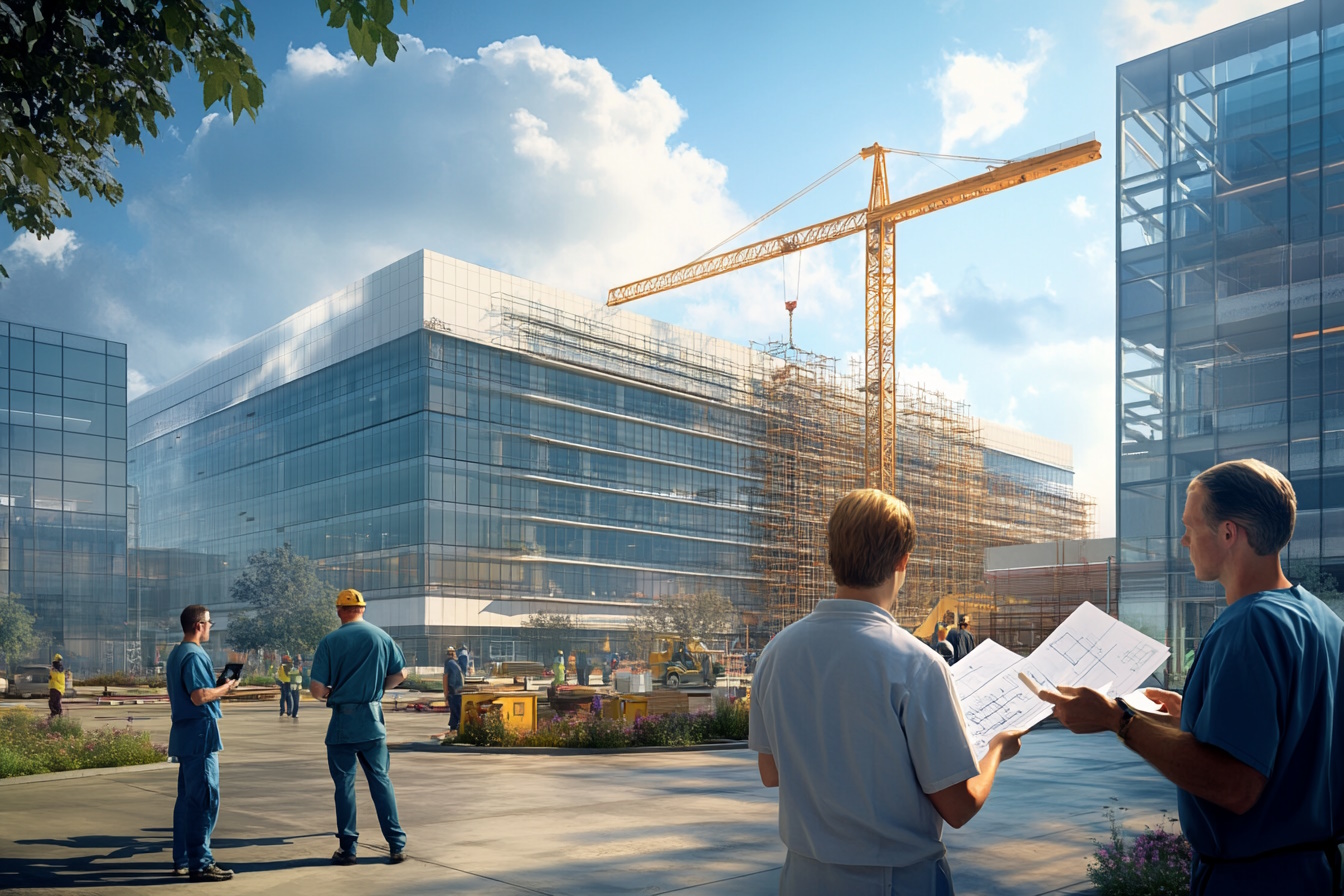 Create a photorealistic image of a modern healthcare facility in the process of expansion. The scene should depict construction work on a commercial building, with cranes and scaffolding visible. Include workers in safety gear actively engaged in construction tasks. In the foreground, show a group of healthcare professionals in scrubs and lab coats discussing plans, holding blueprints or tablets. The setting should be a bustling urban environment, with the healthcare facility prominently featured, showcasing its contemporary architecture. The overall atmosphere should convey progress and growth, with clear skies and natural lighting enhancing the realism.