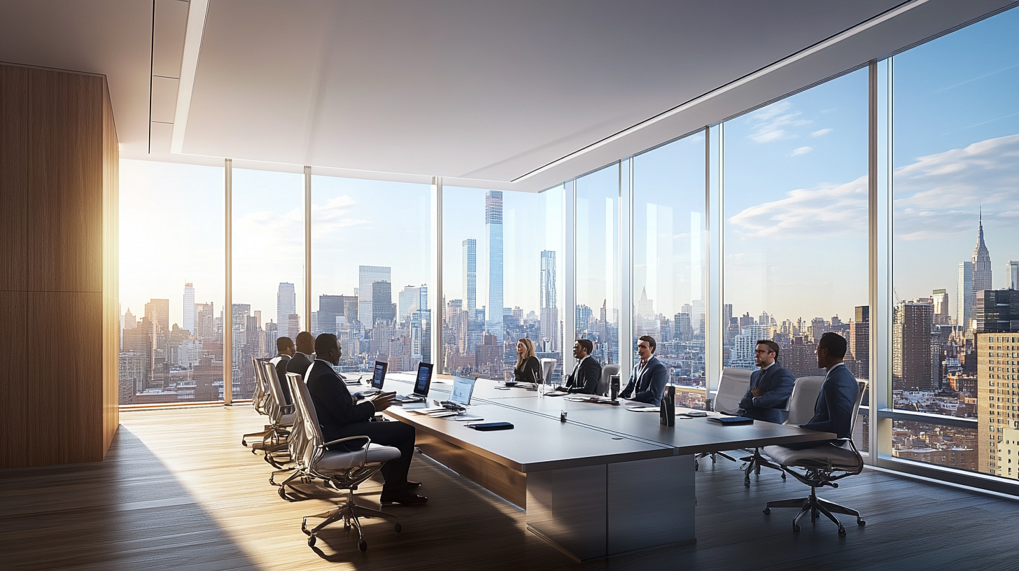 Create a photorealistic image of a modern commercial office building in an urban setting, showcasing a diverse group of business professionals engaged in a meeting. The scene is set in a sleek, well-lit conference room with large windows offering a view of the city skyline. The professionals, dressed in business attire, are discussing financial documents and digital devices, symbolizing the dynamic nature of business financing. The atmosphere is professional and collaborative, reflecting the theme of navigating regulatory changes in business financing. The image should convey a sense of innovation and adaptability within a commercial context.