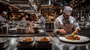 A bustling restaurant kitchen scene with chefs and staff actively preparing dishes, showcasing a sense of teamwork and efficiency. In the foreground, a chef is meticulously plating a gourmet dish, while in the background, a manager is reviewing financial documents on a tablet, symbolizing the integration of culinary art and business acumen. The kitchen is equipped with modern appliances and organized inventory shelves, reflecting effective inventory management. The atmosphere is vibrant yet professional, capturing the essence of a successful restaurant operation. The image should convey a sense of order, precision, and the dynamic nature of restaurant management, with a focus on commercial elements like stainless steel countertops and industrial lighting.