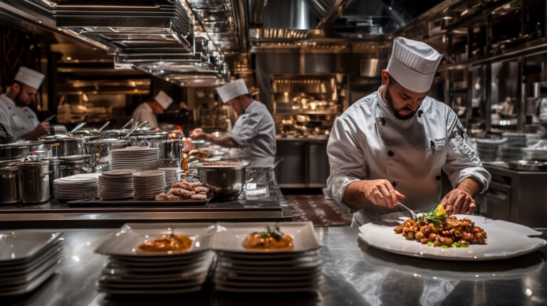 A bustling restaurant kitchen scene with chefs and staff actively preparing dishes, showcasing a sense of teamwork and efficiency. In the foreground, a chef is meticulously plating a gourmet dish, while in the background, a manager is reviewing financial documents on a tablet, symbolizing the integration of culinary art and business acumen. The kitchen is equipped with modern appliances and organized inventory shelves, reflecting effective inventory management. The atmosphere is vibrant yet professional, capturing the essence of a successful restaurant operation. The image should convey a sense of order, precision, and the dynamic nature of restaurant management, with a focus on commercial elements like stainless steel countertops and industrial lighting.