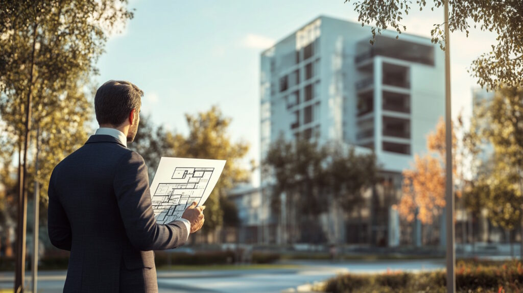 A photorealistic image of a modern commercial real estate setting, showcasing a diverse range of properties such as office buildings, retail spaces, and industrial warehouses. The scene is set during a clear day, with sunlight casting natural shadows, highlighting the architectural details of the structures. In the foreground, a business professional in formal attire is examining a detailed property blueprint or appraisal report, symbolizing the strategic use of real estate as collateral for business loans. The background features a bustling urban environment, emphasizing the dynamic nature of commercial real estate.