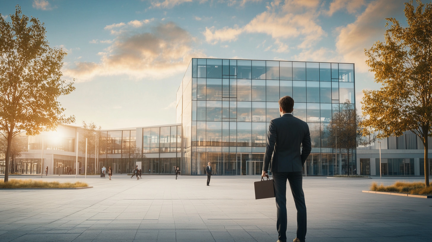 A photorealistic image of a confident business owner standing in front of a modern commercial building. The scene is set during the day with clear skies, showcasing the building's sleek glass facade and contemporary architecture. The business owner, dressed in professional attire, is holding a briefcase and looking optimistically towards the horizon, symbolizing growth and expansion. In the background, there are subtle hints of bustling city life, with other commercial buildings and a few people walking, emphasizing a thriving business environment. The image captures a sense of ambition and potential, ideal for illustrating the concept of business expansion through SBA loans.