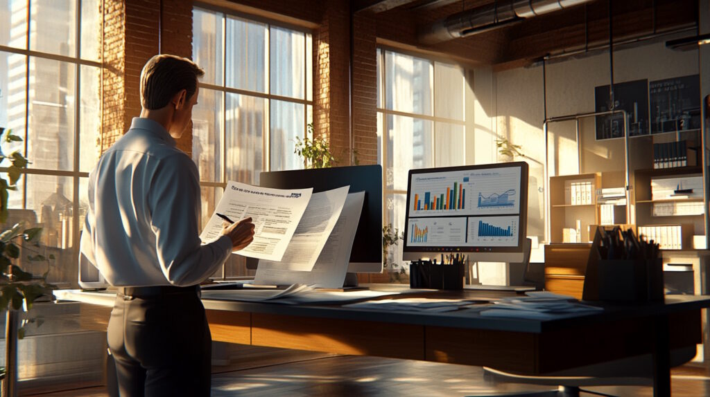 A photorealistic image of a confident small business owner standing in front of a modern commercial building, symbolizing growth and success. The business owner is dressed in professional attire, exuding a sense of accomplishment and determination. The commercial building in the background is sleek and contemporary, with large glass windows and a well-maintained facade, representing a thriving business environment. The scene is set during the day with clear skies, emphasizing a positive and prosperous atmosphere. The image captures the essence of business expansion and opportunity, aligning with the theme of SBA loans supporting business growth.