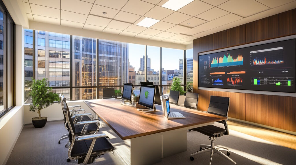 A photorealistic image of a modern commercial office space with a focus on equipment and technology. The scene includes a sleek conference room with a large table surrounded by ergonomic chairs, state-of-the-art computers, and digital screens displaying graphs and data. In the background, there are large windows offering a view of a bustling cityscape, symbolizing growth and opportunity. The lighting is bright and natural, highlighting the clean and efficient workspace. The overall atmosphere conveys a sense of professionalism, innovation, and strategic planning, ideal for business owners considering equipment financing options.