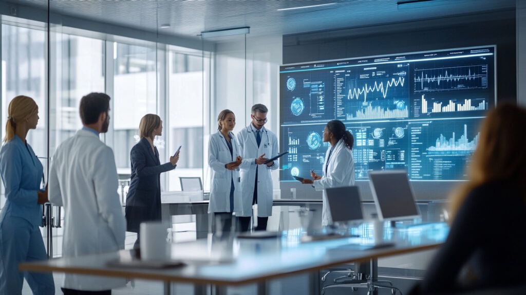 Create a photorealistic image of a modern healthcare office environment, showcasing a blend of technology and finance. The scene includes a sleek, open-plan office with large windows, allowing natural light to flood the space. In the foreground, a diverse group of professionals, including doctors and financial analysts, are engaged in a collaborative discussion around a digital table displaying data analytics and financial charts. In the background, a large digital screen shows a visual representation of blockchain technology and telemedicine applications. The office is equipped with advanced technology, such as computers and tablets, emphasizing the integration of technology in healthcare financing. The setting is professional and sophisticated, reflecting a commercial property with a focus on business and innovation.