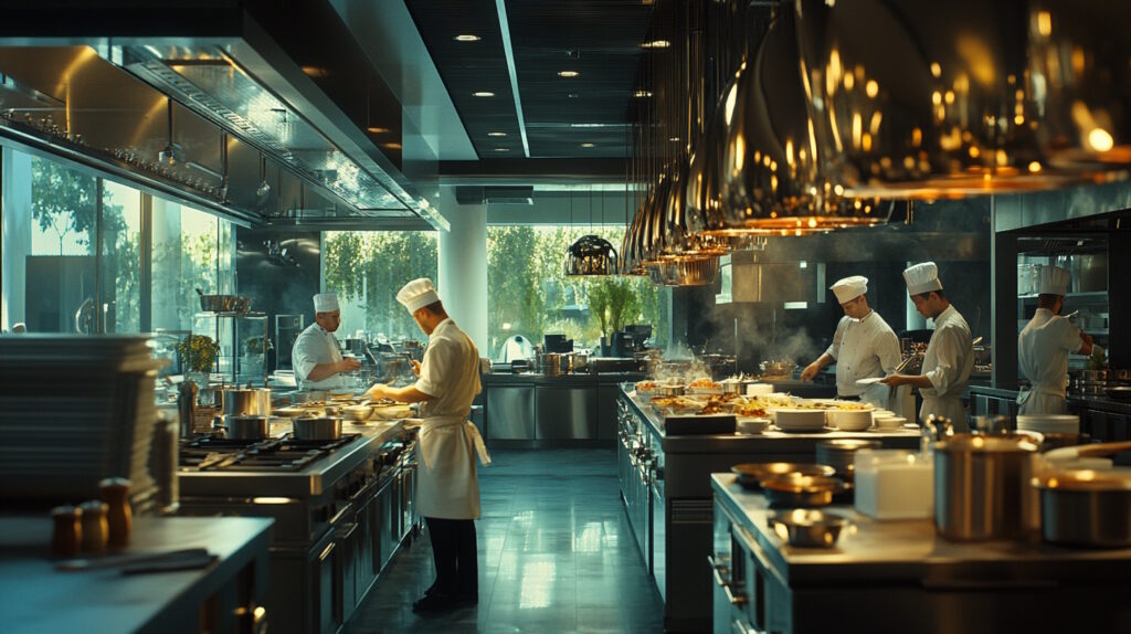 A bustling commercial kitchen in a modern restaurant, showcasing a variety of high-end, stainless steel equipment such as ovens, stoves, and refrigerators. The kitchen is well-organized and clean, with chefs in professional attire actively preparing dishes. The scene captures the essence of a thriving restaurant environment, emphasizing the importance of quality equipment in delivering exceptional service. The lighting is warm and inviting, highlighting the gleaming surfaces of the equipment and the focused expressions of the chefs. The overall atmosphere conveys efficiency, professionalism, and the potential for growth and success in the restaurant industry.