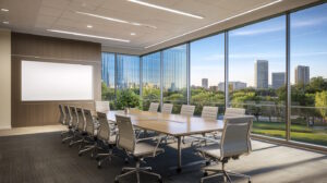 A photorealistic image of a modern commercial office space, featuring a well-lit conference room with a large table and sleek chairs. The room is equipped with a projector and a whiteboard, suggesting a professional setting for business discussions. Large windows offer a view of a bustling cityscape with skyscrapers, emphasizing a thriving business environment. The atmosphere is calm and organized, reflecting a space where important financial decisions, such as choosing between secured and unsecured loans, are made. The image should convey a sense of professionalism and strategic planning, appealing to business owners and commercial property managers.