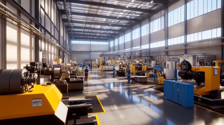 A photorealistic image of a modern manufacturing facility, showcasing a spacious and well-organized factory floor. The scene includes advanced machinery and equipment, with workers in safety gear operating the machines. In the background, large windows allow natural light to flood the space, highlighting the clean and efficient environment. The setting conveys a sense of productivity and innovation, with a focus on the commercial and industrial aspects of manufacturing. The image should capture the essence of a thriving manufacturing business, emphasizing the potential for growth and success through strategic financial planning.