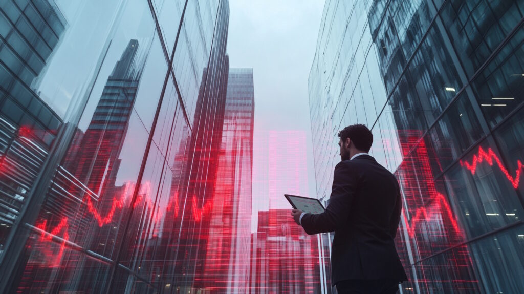 Create a photorealistic image of a business owner standing in front of a modern commercial building. The scene is set during a cloudy day, reflecting a sense of economic uncertainty. The business owner, dressed in professional attire, is thoughtfully examining a digital tablet, symbolizing strategic planning amidst inflationary pressures. In the background, the commercial building features large glass windows and a sleek design, representing the business environment. The image should convey a sense of contemplation and resilience, capturing the essence of navigating business loans during inflation.