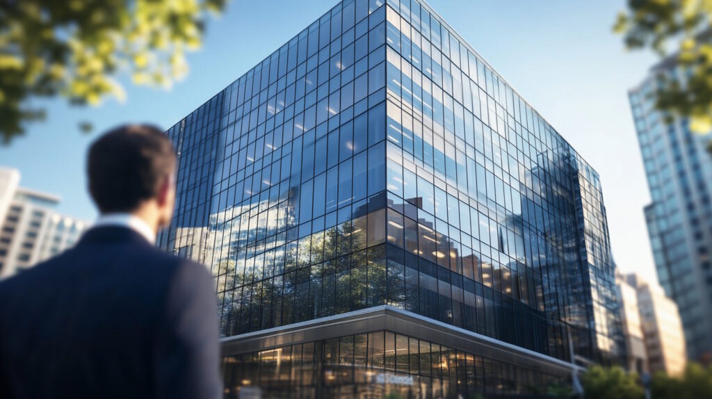 A photorealistic image of a modern commercial office building in an urban setting, captured during a clear day. The building should be sleek and contemporary, with large glass windows reflecting the surrounding cityscape. In the foreground, a well-dressed business professional is seen holding a tablet, examining the building with a thoughtful expression, symbolizing strategic planning and decision-making. The scene should convey a sense of professionalism and financial acumen, with subtle hints of bustling city life in the background, such as blurred figures walking and a few parked cars. The overall atmosphere should be one of opportunity and growth, aligning with the theme of commercial real estate refinancing.