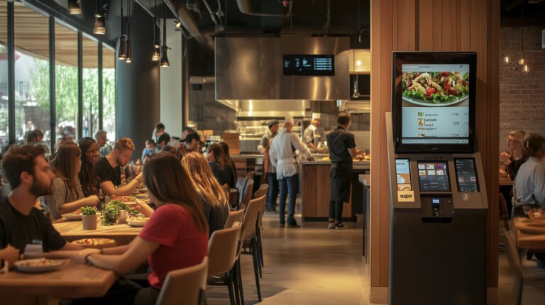 Create a photorealistic image of a modern restaurant interior that reflects the key trends in restaurant financing for 2025. The scene should depict a bustling, upscale dining environment with visible elements of technology integration, such as digital menus on tables and a sleek, automated order-taking kiosk. Include subtle hints of sustainability, like energy-efficient lighting and greenery, to emphasize eco-friendly practices. Capture a diverse group of patrons enjoying their meals, highlighting the impact of shifting consumer behaviors. In the background, show a glimpse of a busy kitchen with chefs using advanced cooking equipment, symbolizing innovative staffing solutions. The overall ambiance should convey a sense of financial health and modernity, suitable for a commercial property or business setting.