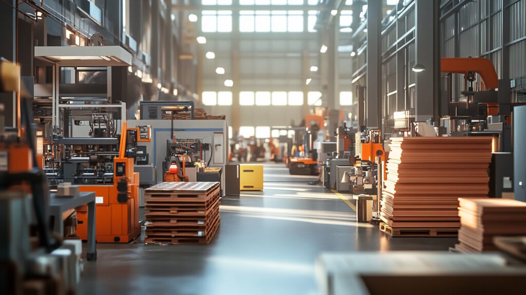 A photorealistic image of a small manufacturing firm in operation, showcasing a bustling factory floor with machinery and workers engaged in various tasks. The scene should capture the essence of a thriving manufacturing environment, with stacks of raw materials and finished products visible. The lighting should be natural, highlighting the industrial setting without appearing overly dramatic. The focus should be on the commercial aspects of the manufacturing process, emphasizing the dynamic yet stable nature of the business. The image should convey a sense of productivity and financial stability, suitable for a blog article about working capital loans for small manufacturing firms.