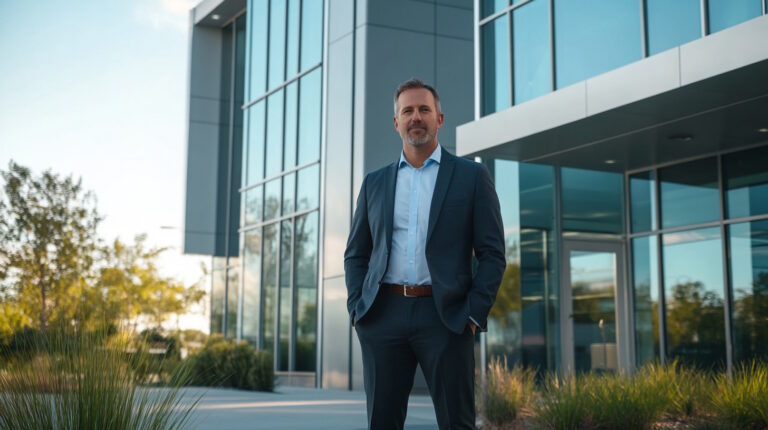 A photorealistic image of a confident small business owner standing in front of a modern commercial building, symbolizing growth and success. The business owner is dressed in professional attire, exuding a sense of accomplishment and determination. The commercial building in the background is sleek and contemporary, with large glass windows and a well-maintained facade, representing a thriving business environment. The scene is set during the day with clear skies, emphasizing a positive and prosperous atmosphere. The image captures the essence of business expansion and opportunity, aligning with the theme of SBA loans supporting business growth.