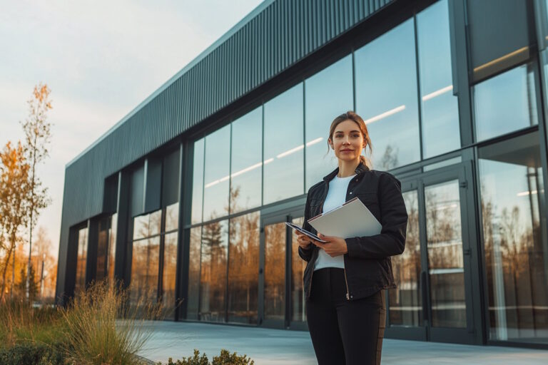 A photorealistic image of a confident small business owner standing in front of a modern commercial building. The owner is holding a folder of documents, symbolizing preparedness and professionalism. The building is sleek and contemporary, with large glass windows and a visible entrance, suggesting a thriving business environment. The sky is clear, and the lighting is natural, casting soft shadows that enhance the realism of the scene. The focus is on the business owner and the commercial setting, conveying a sense of opportunity and success.