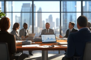 A photorealistic image of a professional business meeting setting in a modern office environment. The scene includes a diverse group of business professionals, both men and women, engaged in a discussion around a large conference table. On the table, there are organized stacks of documents, a laptop displaying financial charts, and a few pens and notepads. The office has large windows with a view of a bustling cityscape, emphasizing a commercial setting. The lighting is bright and natural, creating an atmosphere of productivity and focus. The overall composition conveys a sense of preparation and collaboration, suitable for a business loan application context.