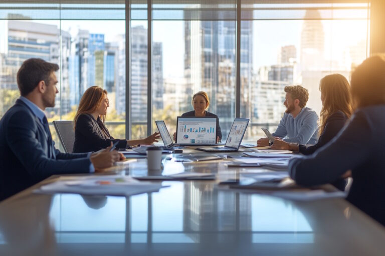 A photorealistic image of a professional business setting in an office environment. The scene includes a diverse group of business professionals engaged in a meeting around a large conference table. On the table, there are laptops, financial documents, and charts, indicating a discussion about financial strategies. In the background, large windows reveal a cityscape with commercial buildings, emphasizing a corporate atmosphere. The lighting is natural, coming from the windows, creating a bright and focused environment. The overall mood is collaborative and strategic, reflecting the theme of business debt consolidation and financial planning.