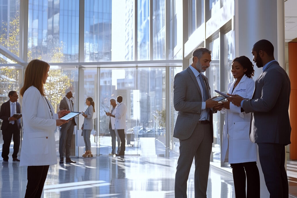 A photorealistic image of a modern healthcare center in an urban setting, showcasing a sleek, contemporary building with large glass windows and a welcoming entrance. The scene is bustling with activity, featuring healthcare professionals in professional attire and patients entering and exiting the facility. In the foreground, a diverse group of business professionals is engaged in a discussion, holding tablets and documents, symbolizing strategic planning and financing. The background includes a cityscape with other commercial buildings, emphasizing the commercial and professional environment. The overall atmosphere is one of growth, innovation, and collaboration, reflecting the theme of strategic financing in healthcare. The image is captured in natural daylight, highlighting the vibrancy and dynamism of the healthcare sector.