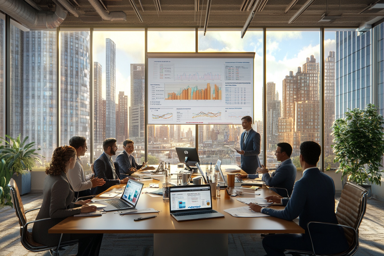 A photorealistic image of a professional business setting, featuring a diverse group of business owners and financial advisors engaged in a discussion around a large conference table. The table is covered with various documents, charts, and a laptop displaying financial graphs. In the background, large windows reveal a cityscape with modern commercial buildings. The atmosphere is collaborative and focused, with natural lighting illuminating the room, highlighting the seriousness and importance of the financial decisions being made. The image should convey a sense of professionalism and strategic planning in a commercial context.