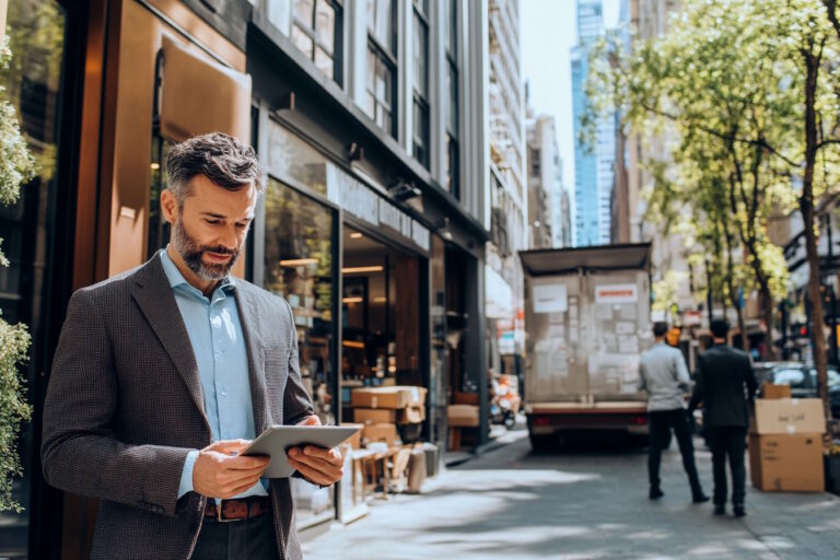 A bustling urban commercial district during the day, showcasing a variety of thriving businesses. In the foreground, a confident business owner, dressed in professional attire, stands outside a modern office building, holding a tablet and reviewing financial data. Nearby, a delivery truck unloads inventory at a retail store, while a group of professionals engage in a discussion outside a trendy café. The scene captures the dynamic energy of business growth, with clear skies and sunlight highlighting the vibrant atmosphere. The image should convey a sense of opportunity and progress, emphasizing the potential of short-term loans in facilitating business expansion and success.