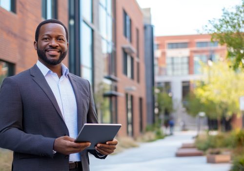 A photorealistic image of a confident small business owner standing in front of a modern commercial building. The owner is holding a tablet, symbolizing access to diverse financing options and digital resources. The background features a bustling urban environment with other commercial buildings, representing a thriving business ecosystem. The scene is set during the day with clear skies, conveying a sense of clarity and optimism. The focus is on the business owner, who exudes empowerment and readiness to navigate the financial landscape.
