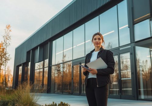 A photorealistic image of a confident small business owner standing in front of a modern commercial building. The owner is holding a folder of documents, symbolizing preparedness and professionalism. The building is sleek and contemporary, with large glass windows and a visible entrance, suggesting a thriving business environment. The sky is clear, and the lighting is natural, casting soft shadows that enhance the realism of the scene. The focus is on the business owner and the commercial setting, conveying a sense of opportunity and success.