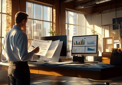 A photorealistic image of a confident small business owner standing in front of a modern commercial building, symbolizing growth and success. The business owner is dressed in professional attire, exuding a sense of accomplishment and determination. The commercial building in the background is sleek and contemporary, with large glass windows and a well-maintained facade, representing a thriving business environment. The scene is set during the day with clear skies, emphasizing a positive and prosperous atmosphere. The image captures the essence of business expansion and opportunity, aligning with the theme of SBA loans supporting business growth.
