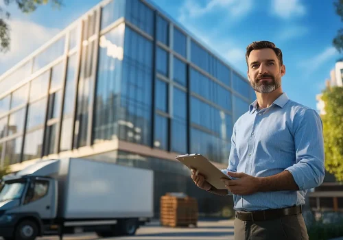 A photorealistic image of a confident business owner standing in front of a modern commercial building. The owner is holding a clipboard, symbolizing strategic planning and decision-making. In the background, the building's sleek glass facade reflects a bustling cityscape, emphasizing the business environment. Nearby, a parked delivery truck and a forklift moving inventory highlight the commercial nature of the setting. The scene conveys a sense of professionalism and readiness, capturing the essence of business growth and financial strategy. The lighting is natural, with a clear blue sky, creating a realistic and inviting atmosphere.
